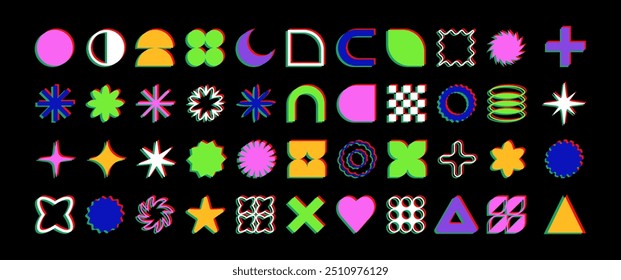 Set of brutalist glitching abstract geometric shapes and forms. Brutal contemporary figures, stars, flowers and other primitive elements. Trendy Y2K signs and symbols.