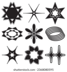 Conjunto de símbolos y objetos geométricos brutalmente retro futuristas vectoriales minimalistas en el estilo y2k. Estrellas, flores y otros simples símbolos y objetos geométricos gráficos. Y2K Ornaments para la decoración.