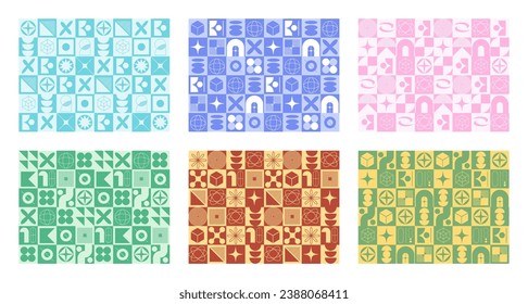 Set of Brutalist style geometric shapes pattern background. Colorful Minimalism postmodern abstract ornament design wallpaper. Flat vector illustration