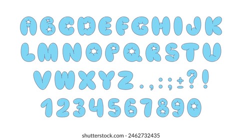 Set of Bubble alphabet, cartoon kids font. Funny balloon typeface in trendy y2k graffiti style. Cute vector illustration. Letters and numbers.