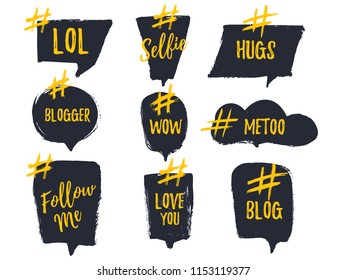 Set of bubble banners with hashtags. trendy design for young slang words. Vector illustration