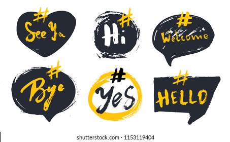 Set of bubble banners with hashtags. trendy design for young slang words. Vector illustration