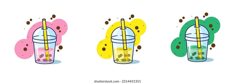 Set of bubble boba milk tea illustration cartoon design, pink orange and green 