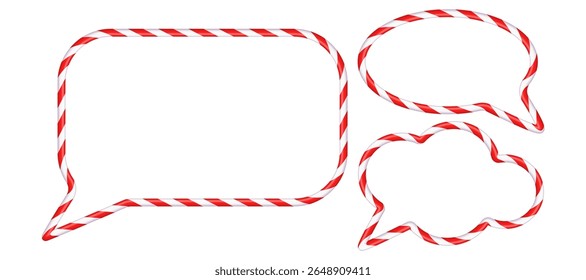 Set of bubble frames in the shape of Christmas candies with red and white stripe. Christmas template for text. Striped lollipop pattern. Vector illustration isolated on transparent background.