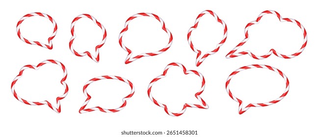 Set of bubble frames in the shape of Christmas candies with red and white stripe. Christmas template for text. Striped lollipop pattern. Vector illustration isolated on transparent background