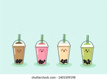 Set of bubble green tea milk . cute cartoon character vector illustration