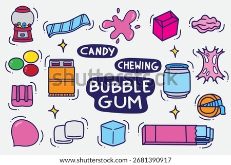 set of bubble gum doodle with color good for background, wallpaper, element design, icon, etc