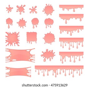 Set of bubble gum splashes. Vector collection of splatter pink liquid, drops and stain. Abstract blobs isolated on white background.