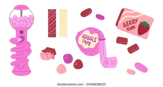 Conjunto de goma de mascar de fresa de caramelo. Máquina de chicle. Ilustración plana del vector aislada sobre fondo blanco.