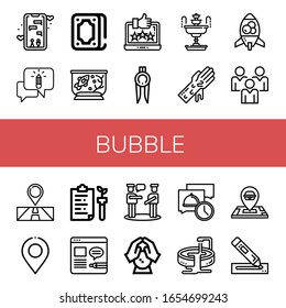 Set of bubble icons. Such as Dating app, Chatting, Fortunetelling, Fish tank, Feedback, Marker, Fountain, Hand washing, Lava lamp, Social media, Location, Text , bubble icons