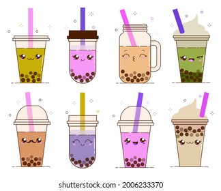 Set of bubble milk tea ads with delicious tapioca black pearls. Cute bubble tea kawaii smiled characters. Taiwanese famous and popular drink Boba. Cartoon flat vector illustration 