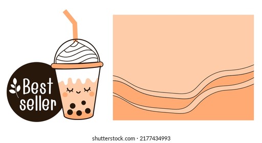 Set of bubble milk tea cup cartoon, best seller sign and orange background vector illustration. 