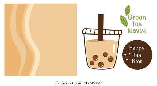 Set of bubble milk tea cup, green tea leaves and background vector illustration.