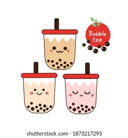 Set of bubble milk tea cups with cute face and hand written font on red label icon isolated on white background vector illustration. Cute cartoon character. 