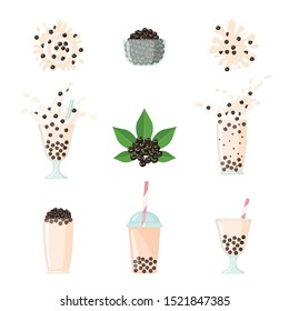 Set of Bubble milk tea icons in flat style isolated on white background. Beverage from cassava plant. Vector illustration