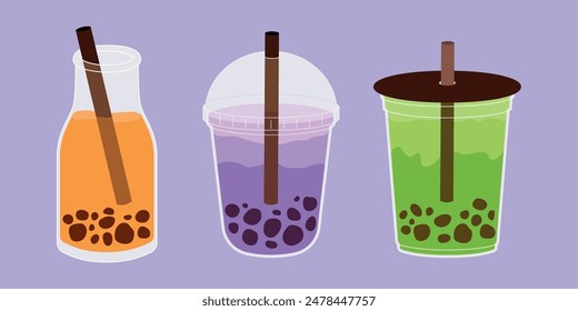 Set of Bubble Milk Tea Illustration. Delicious Tapioca Pearl Drinks Beverages. Hand drawn colored trendy Isolated vector.