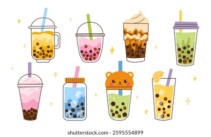 Set of Bubble Milk Tea Illustration. Delicious Tapioca Pearl Drinks Beverages. Hand drawn colored trendy Isolated vector.