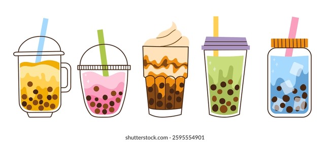 Set of Bubble Milk Tea Illustration. Delicious Tapioca Pearl Drinks Beverages. Hand drawn colored trendy Isolated vector.