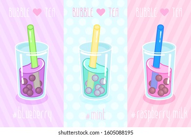 Set of Bubble milk tea with tapioca pearls. Milk cocktails in glass with different flavor. Can be used for greeting cards, party invitations or menu. Vector illustration