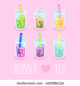 Set of Bubble milk tea with tapioca pearls. Milk cocktails in glass on pink background. Can be used for greeting cards, party invitations or menu. Vector illustration