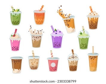 Set of bubble milk tea with tapioca pearls. Asian Taiwanese beverage. Summer yummy cold drinks. Milkshake with splash vector illustration