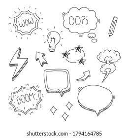 Conjunto de elementos relacionados con el habla de burbujas y los cómics ilustración vectorial del estilo de doodle aislado en fondo blanco 