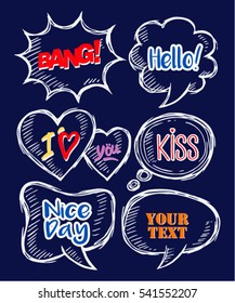 set of  bubble speech with dialog words:bang,kiss,love,nice day,your text