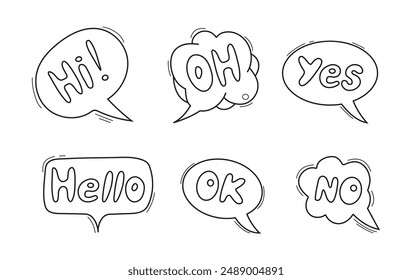 Set of bubble speech icons with words like no, ok, hello, and oh. These fun and whimsical SMS style bubbles