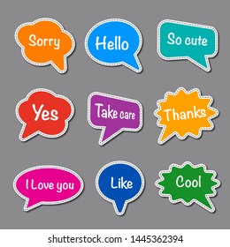 set of bubble speech with short message, text space with dash line vector, colorful chat stickers