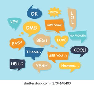 Set of bubble talk phrases Clouds for online chat with different words Suitable for dialogue to illustrate reactions. Chat baloons Colorful chat messages Vector Illustration on white background EPS 10