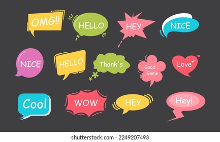 Set of bubble talk phrases Clouds for online chat with different words Suitable for dialogue to illustrate reactions. Chat baloons Colorful chat messages Vector Illustration