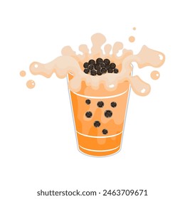 Set of Bubble Tea Burst, Milk Coffee Drinks Splash in a glass or plastic cup on a white background. Cartoon Vector illustration.