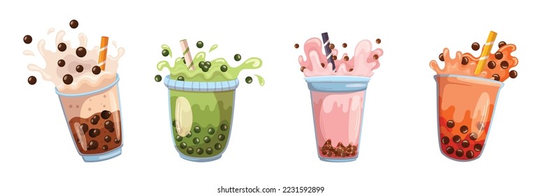 Set Of Bubble Tea Burst, Pearl Coffee Drink, Milk , Boba or Tapioca Beverages In Glass Or Plastic Cups With Straws, Graphic Design Elements Isolated On White Background. Cartoon Vector Illustration