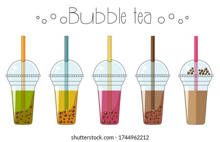 Set of bubble tea, tea cocktails isolated stock vector illustration