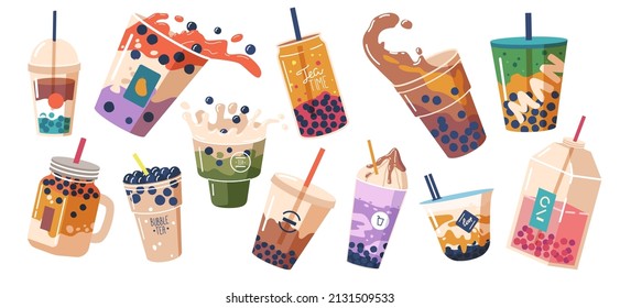Set of Bubble Tea or Coffee Drinks Isolated on White Background. Pearl Milk Tea , Boba Yummy Beverages in Glass or Plastic Cups with Straw, Graphic Design Collection, Cartoon Vector Illustration