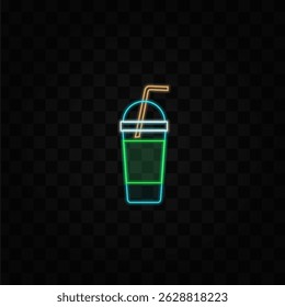 Set of bubble tea or coffee drinks. neon style. Pearl Milk Tea, Boba Yummy Drinks in Glass or Plastic Cups. neon style..