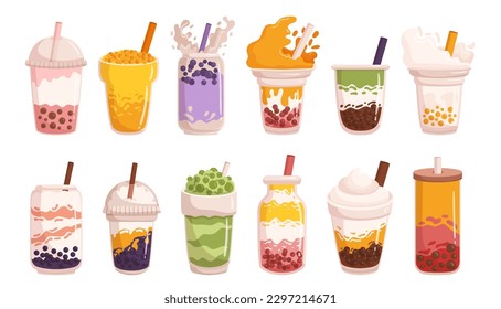 Set Of Bubble Tea. Collection Of Delicious And Refreshing Drinks That Includes Tapioca Pearls, Various Flavors Of Tea, And Sweetened Milk. Sweet And Satisfying Treat. Cartoon Vector Illustration