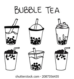 set of bubble tea. cup of te with tapioca pearls illustration. monochrome style, black and white background. hand drawn vector. bubble tea-hand drawn lettering. doodle art for logo, label, advert. 