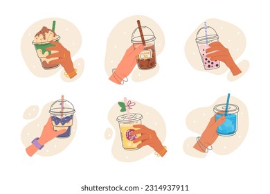 Set bubble tea cups in hands. Sweet boba tea, hand holding bubble tea, popular taiwanese drink. Milk cocktail with cream. Drink bubble tea, beverage ice in hand. Vector graphics in hand drawn style. 