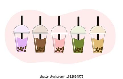set of bubble tea in different flavor, vector illustration