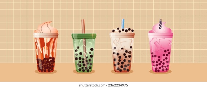 Set de bebidas de té burbujas en vasos de plástico para llevar. Ilustración vectorial del té helado boba. Cartel con deliciosas bebidas.