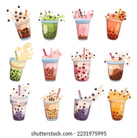 Set Of Bubble Tea Isolated On White Background. Tapioca Pearl Milk Tea, Boba Or Coffee Yummy Beverages In Glass Or Plastic Cup With Straw, Drinks Graphic Design Collection. Cartoon Vector Illustration