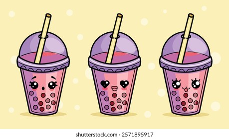 Set of bubble tea in kawaii style with different emotions.Isolated vector illustration