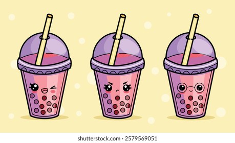 Set of bubble tea in kawaii style with different emotions sad,happy,angry.Isolated character vector illustration	