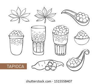 Set Bubble Tea, Pearl milk tea, black and white pearls. Taiwanese drink. Tapioca. Isolated object on white background in vector. Icon tea drink. Cassava. Manihot leaves and tubers. Black and white.