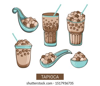 Set Bubble Tea, Pearl milk tea, black and white pearls. Taiwanese drink. Tapioca. Isolated object on white background in vector. Icon tea drink. Manihot leaves and tubers. Cartoon Doodle.