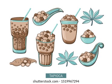 Set Bubble Tea, Pearl milk tea, black and white pearls. Taiwanese drink. Tapioca. Isolated object on white background in vector. Icon tea drink. Manihot leaves and tubers. Cartoon Doodle. Cassava