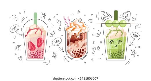 Set bubble tea, pearl milk tea, boba, Taiwans drink. Matcha Dango balls on a stick. chewy tapioca balls grass jelly, red bean. With whipped cream and caramel, berry topping. For menu, cafe, flyer.