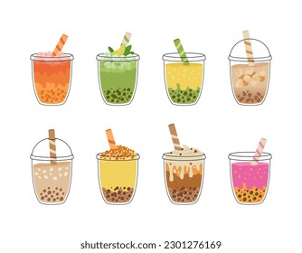 Set of bubble tea with tapioca pearls. Asian Taiwanese drink. Boba milk tea. Cold coffee in takeaway cup. Cartoon vector illustration. 