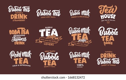 Set of Bubble tea vintage phrases. Emblems, badges, templates, stickers on chocolate background. Collection of retro logos with hand-drawn text. Vector illustration